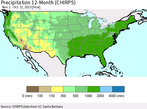 United States Precipitation 12-Month (CHIRPS) Thematic Map For 11/1/2022 - 10/31/2023