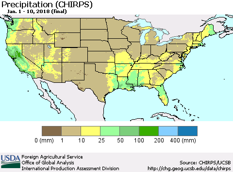 United States Precipitation (CHIRPS) Thematic Map For 1/1/2018 - 1/10/2018