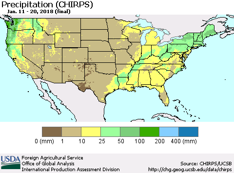 United States Precipitation (CHIRPS) Thematic Map For 1/11/2018 - 1/20/2018