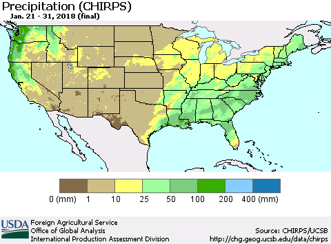 United States Precipitation (CHIRPS) Thematic Map For 1/21/2018 - 1/31/2018