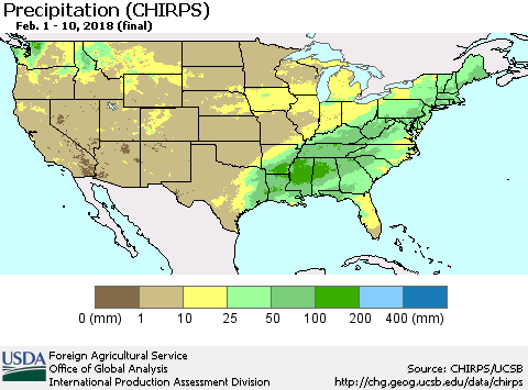 United States Precipitation (CHIRPS) Thematic Map For 2/1/2018 - 2/10/2018