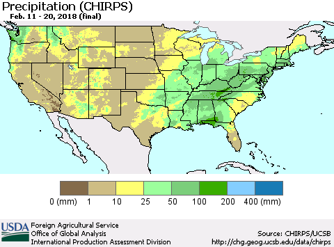 United States Precipitation (CHIRPS) Thematic Map For 2/11/2018 - 2/20/2018