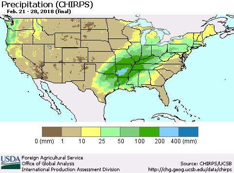 United States Precipitation (CHIRPS) Thematic Map For 2/21/2018 - 2/28/2018