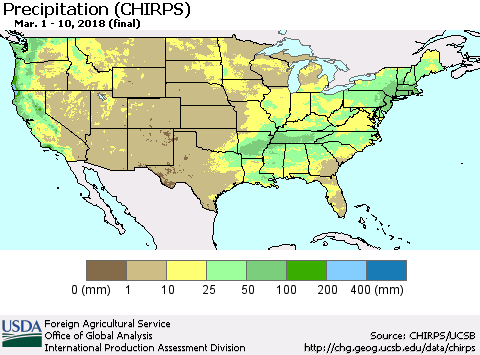 United States Precipitation (CHIRPS) Thematic Map For 3/1/2018 - 3/10/2018