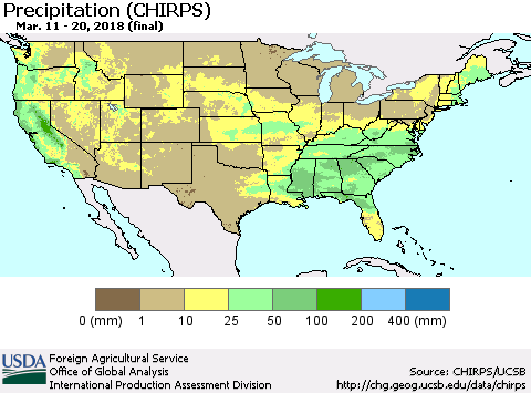 United States Precipitation (CHIRPS) Thematic Map For 3/11/2018 - 3/20/2018