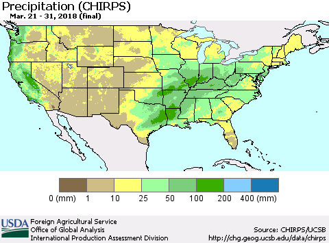 United States Precipitation (CHIRPS) Thematic Map For 3/21/2018 - 3/31/2018