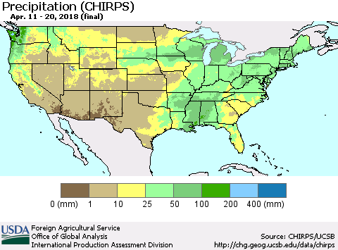 United States Precipitation (CHIRPS) Thematic Map For 4/11/2018 - 4/20/2018