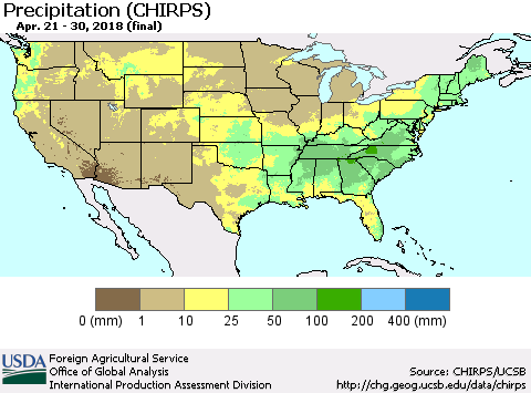 United States Precipitation (CHIRPS) Thematic Map For 4/21/2018 - 4/30/2018
