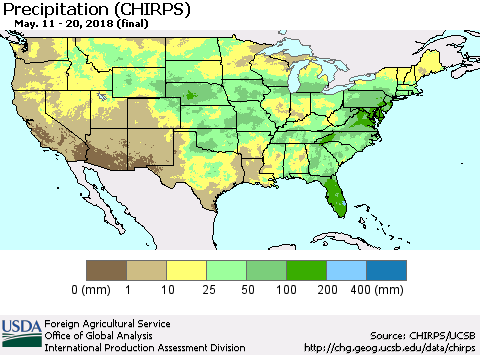 United States Precipitation (CHIRPS) Thematic Map For 5/11/2018 - 5/20/2018