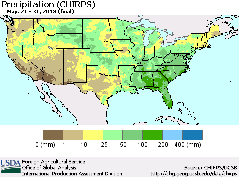 United States Precipitation (CHIRPS) Thematic Map For 5/21/2018 - 5/31/2018