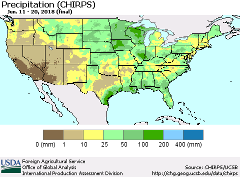 United States Precipitation (CHIRPS) Thematic Map For 6/11/2018 - 6/20/2018