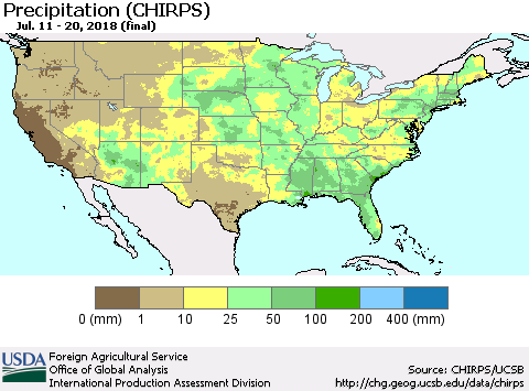 United States Precipitation (CHIRPS) Thematic Map For 7/11/2018 - 7/20/2018