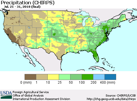 United States Precipitation (CHIRPS) Thematic Map For 7/21/2018 - 7/31/2018