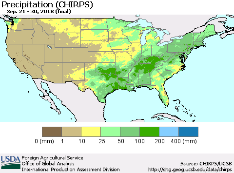 United States Precipitation (CHIRPS) Thematic Map For 9/21/2018 - 9/30/2018