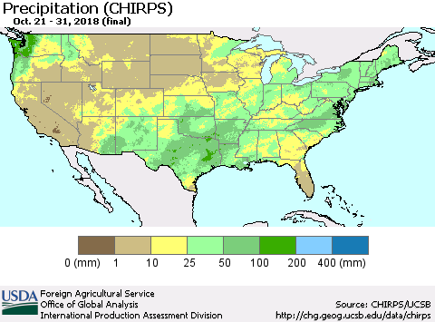 United States Precipitation (CHIRPS) Thematic Map For 10/21/2018 - 10/31/2018