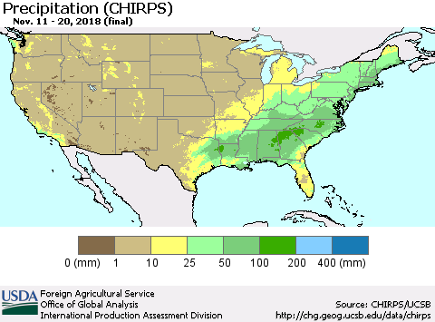 United States Precipitation (CHIRPS) Thematic Map For 11/11/2018 - 11/20/2018
