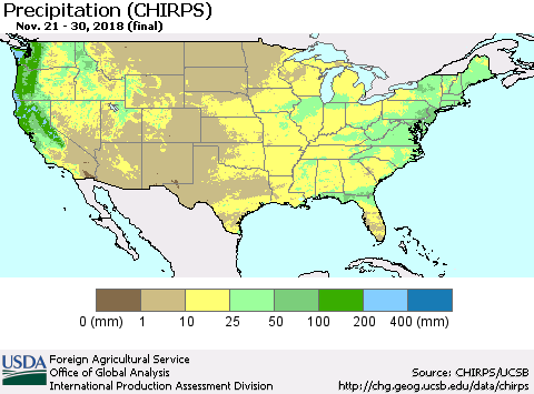 United States Precipitation (CHIRPS) Thematic Map For 11/21/2018 - 11/30/2018