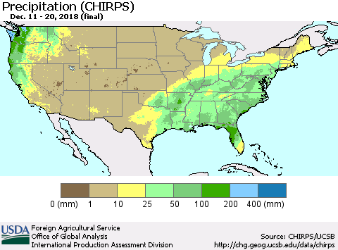 United States Precipitation (CHIRPS) Thematic Map For 12/11/2018 - 12/20/2018