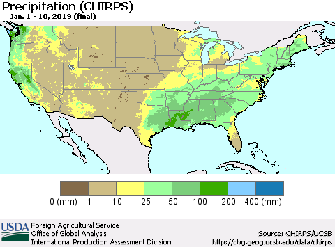 United States Precipitation (CHIRPS) Thematic Map For 1/1/2019 - 1/10/2019