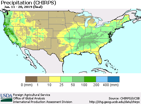 United States Precipitation (CHIRPS) Thematic Map For 1/11/2019 - 1/20/2019
