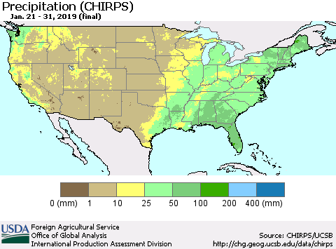 United States Precipitation (CHIRPS) Thematic Map For 1/21/2019 - 1/31/2019