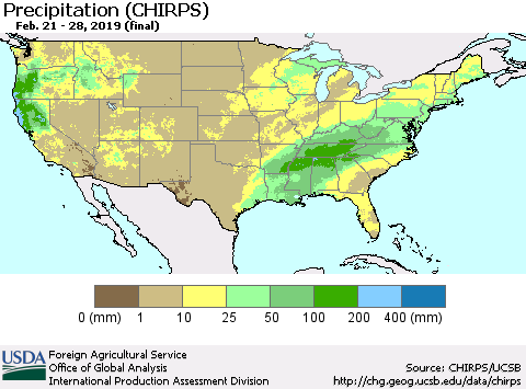 United States Precipitation (CHIRPS) Thematic Map For 2/21/2019 - 2/28/2019