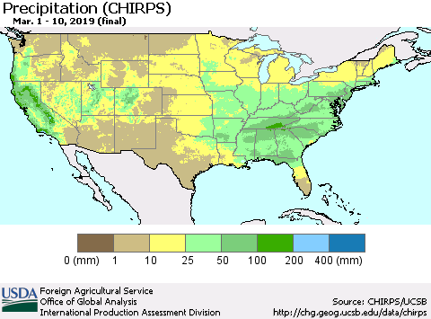 United States Precipitation (CHIRPS) Thematic Map For 3/1/2019 - 3/10/2019