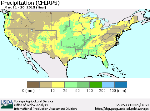 United States Precipitation (CHIRPS) Thematic Map For 3/11/2019 - 3/20/2019