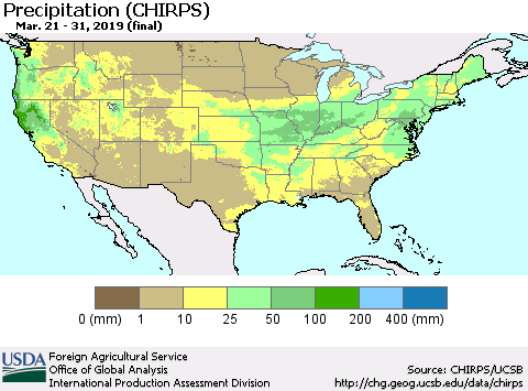 United States Precipitation (CHIRPS) Thematic Map For 3/21/2019 - 3/31/2019