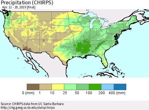 United States Precipitation (CHIRPS) Thematic Map For 4/11/2019 - 4/20/2019