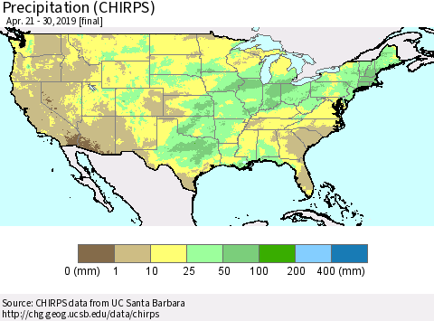 United States Precipitation (CHIRPS) Thematic Map For 4/21/2019 - 4/30/2019