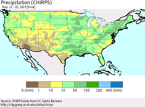United States Precipitation (CHIRPS) Thematic Map For 5/11/2019 - 5/20/2019