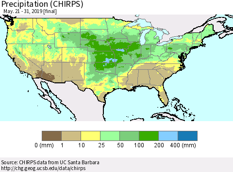 United States Precipitation (CHIRPS) Thematic Map For 5/21/2019 - 5/31/2019