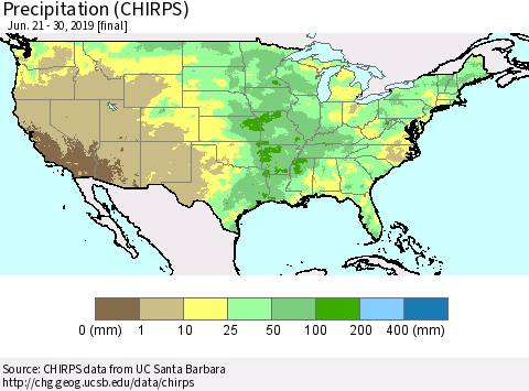 United States Precipitation (CHIRPS) Thematic Map For 6/21/2019 - 6/30/2019