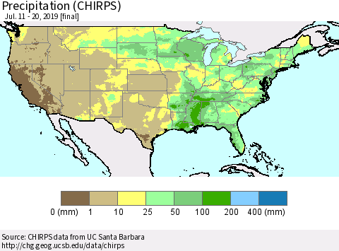 United States Precipitation (CHIRPS) Thematic Map For 7/11/2019 - 7/20/2019