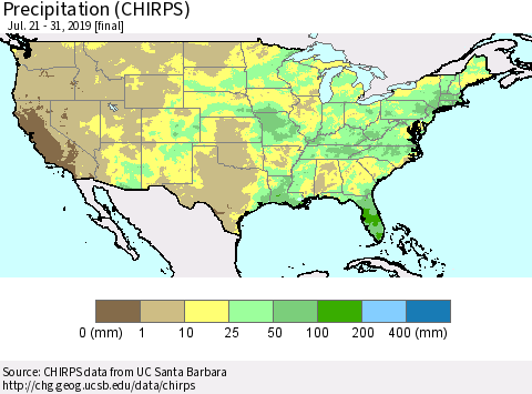 United States Precipitation (CHIRPS) Thematic Map For 7/21/2019 - 7/31/2019