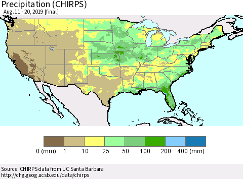 United States Precipitation (CHIRPS) Thematic Map For 8/11/2019 - 8/20/2019