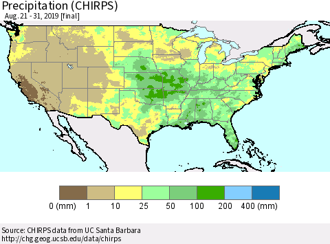 United States Precipitation (CHIRPS) Thematic Map For 8/21/2019 - 8/31/2019