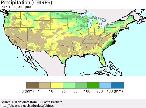 United States Precipitation (CHIRPS) Thematic Map For 9/1/2019 - 9/10/2019