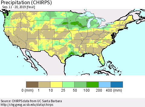 United States Precipitation (CHIRPS) Thematic Map For 9/11/2019 - 9/20/2019