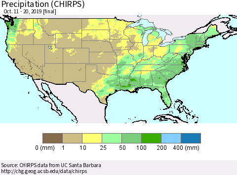 United States Precipitation (CHIRPS) Thematic Map For 10/11/2019 - 10/20/2019