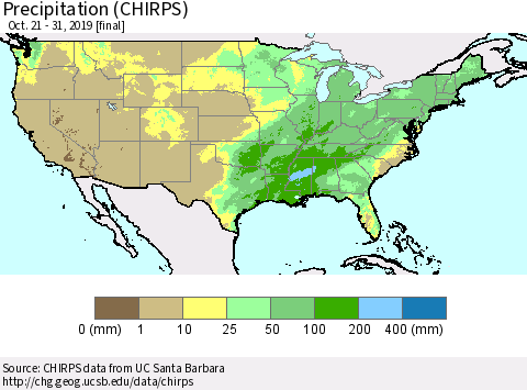 United States Precipitation (CHIRPS) Thematic Map For 10/21/2019 - 10/31/2019