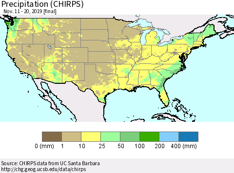 United States Precipitation (CHIRPS) Thematic Map For 11/11/2019 - 11/20/2019