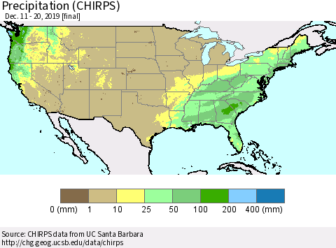 United States Precipitation (CHIRPS) Thematic Map For 12/11/2019 - 12/20/2019