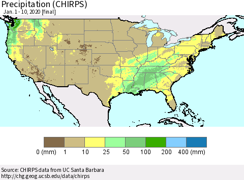 United States Precipitation (CHIRPS) Thematic Map For 1/1/2020 - 1/10/2020