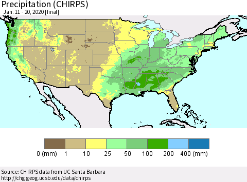 United States Precipitation (CHIRPS) Thematic Map For 1/11/2020 - 1/20/2020