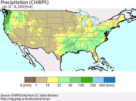 United States Precipitation (CHIRPS) Thematic Map For 1/21/2020 - 1/31/2020