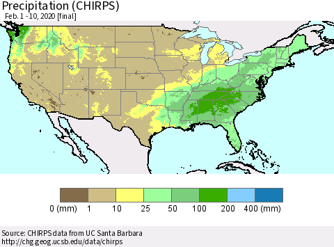 United States Precipitation (CHIRPS) Thematic Map For 2/1/2020 - 2/10/2020
