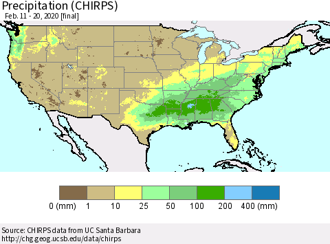 United States Precipitation (CHIRPS) Thematic Map For 2/11/2020 - 2/20/2020
