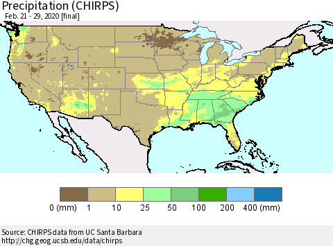 United States Precipitation (CHIRPS) Thematic Map For 2/21/2020 - 2/29/2020